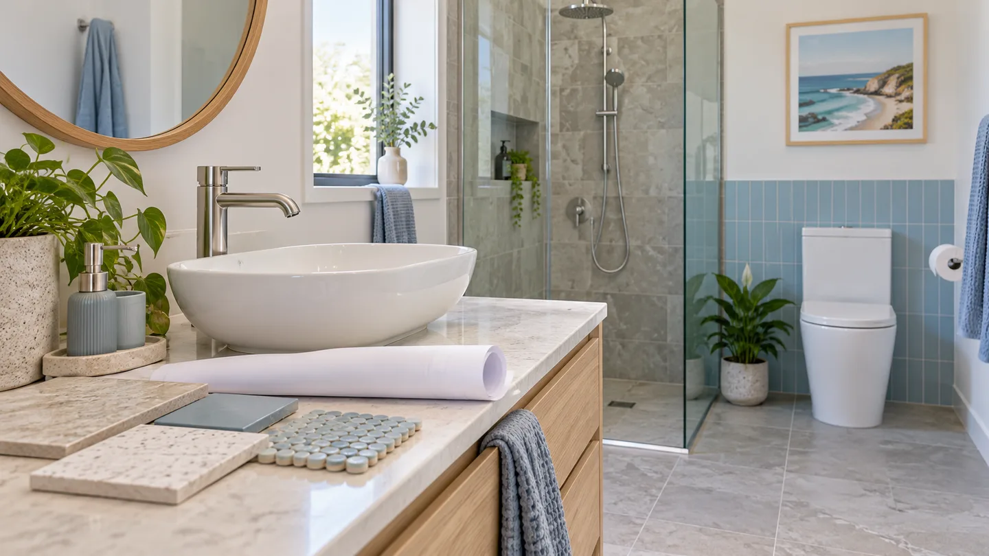 Illustrative bathroom with basin, shower and renovation material samples