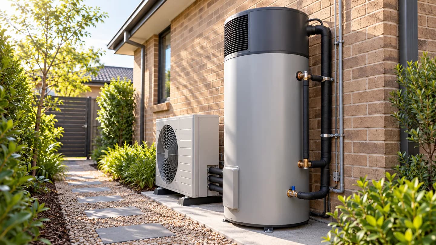 Illustrative outdoor hot water equipment beside a brick house