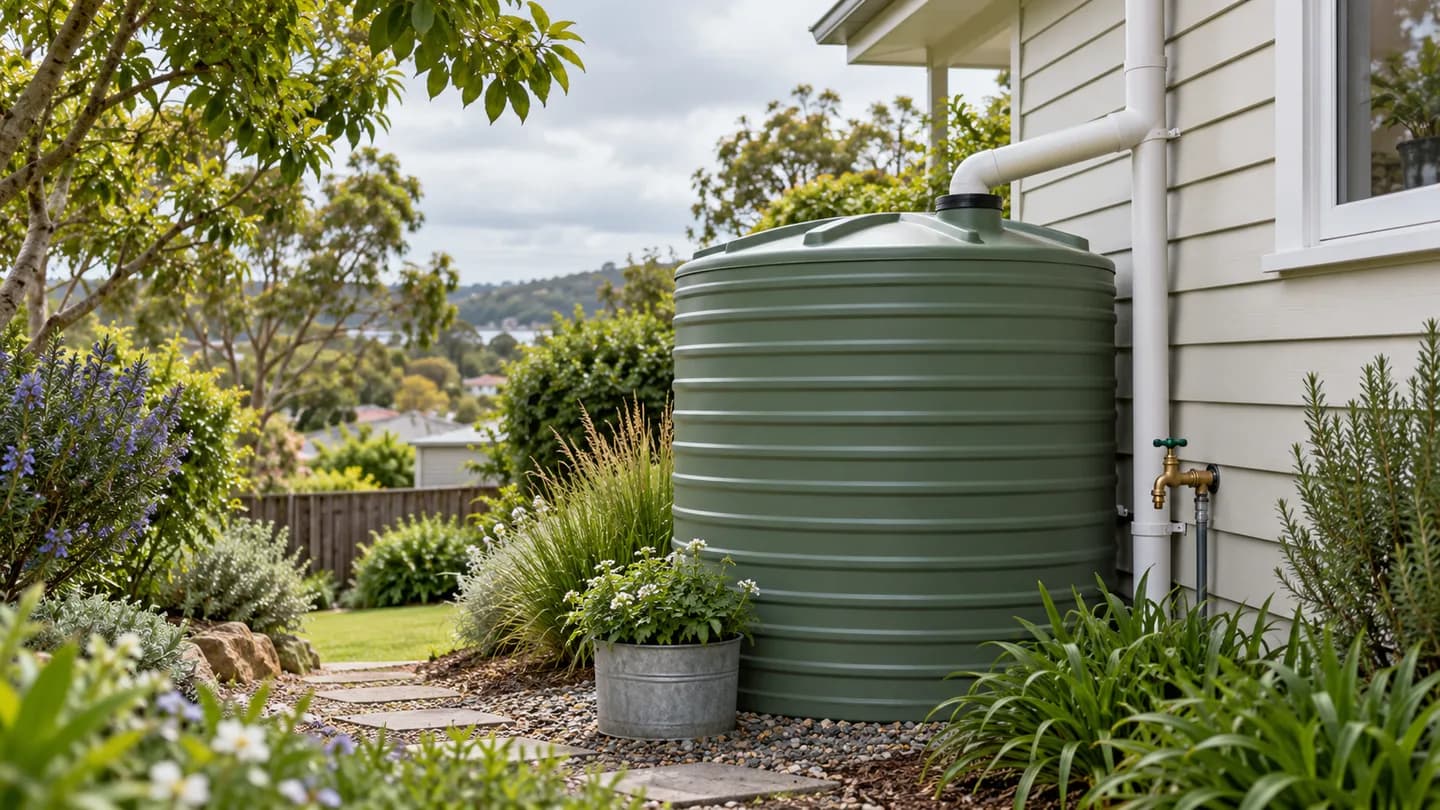 Illustrative rainwater tank beside a house in a garden