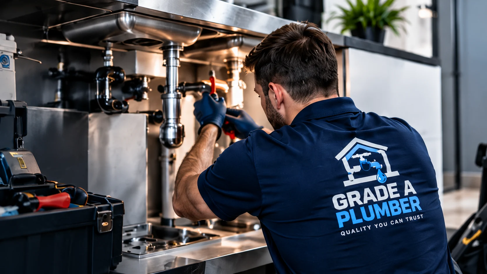 Illustrative plumbing technician working beneath a sink