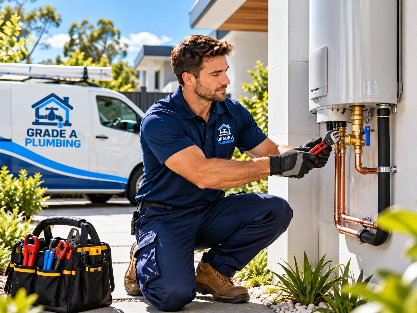 Illustrative technician beside a hot-water system